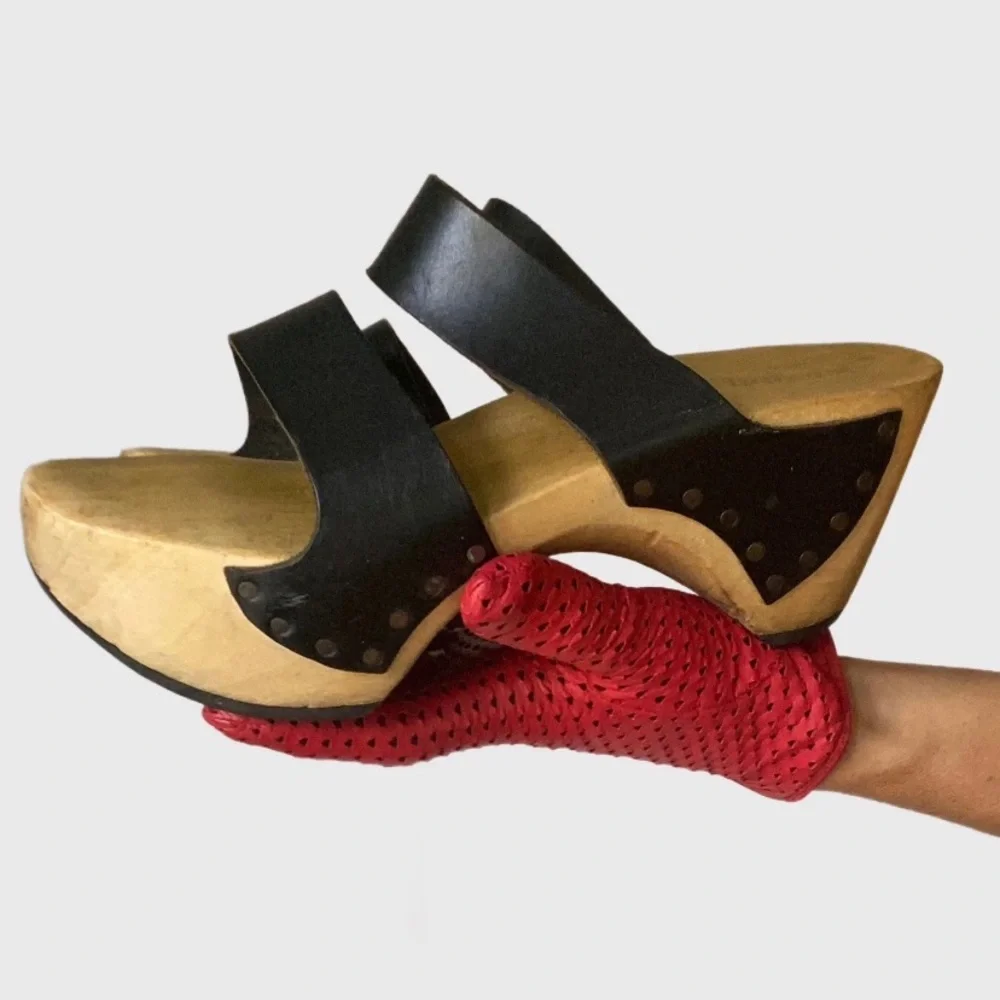 Y2K Vintage Trippen Germany Wood Clogs With Leather Black Straps Sandals 40 - Picture 1 of 12
